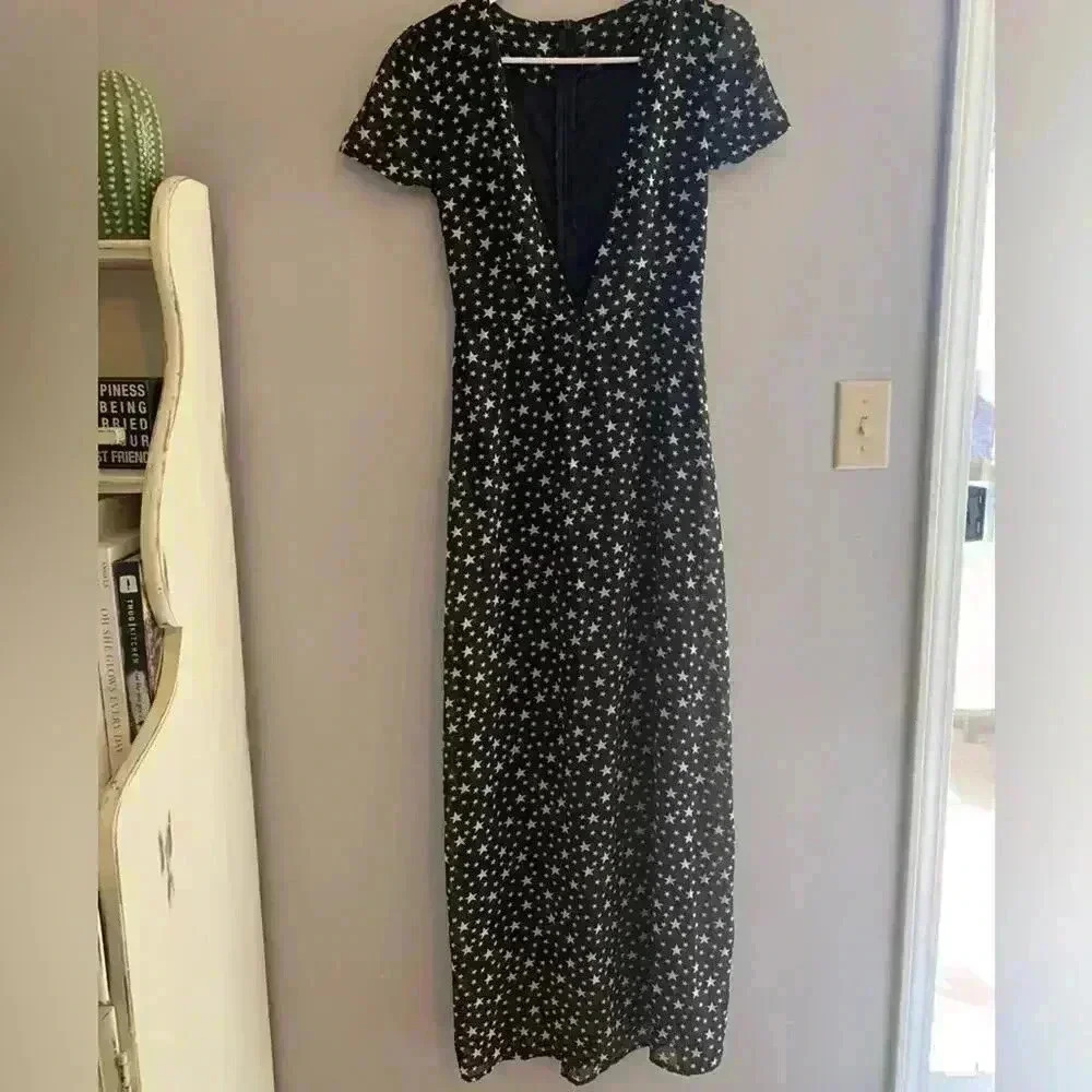 OASAP Black Star Pattern Short Sleeve Maxi Dress,Woman’s Size Small